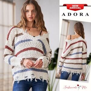 ADORA Frayed Edge V-Neckline Stripe Pattern Relaxed Fit Pullover Sweater | Beige